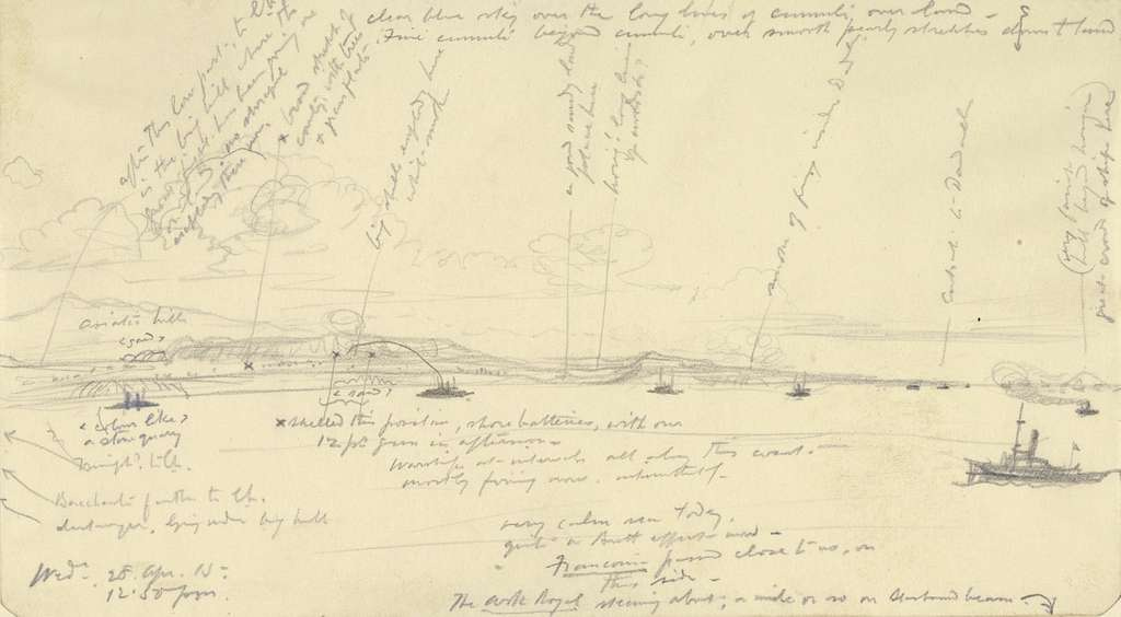 A heavily annotated sketch from the 28th April 1915, showing several Royal Navy warships in action bombarding Turkish positions on the coast of Gallipoli. There is a small vessel in the right foreground, with a spaced out line of ships dotted alongside the coast. Some hills are visible to the left.