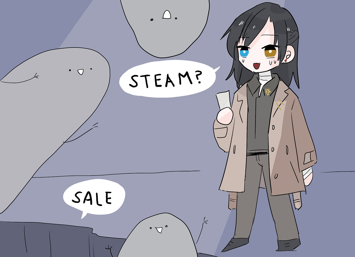LoA MC Mana looking into a pit while surrounded by 3 strange creatures. She asks "Steam?" and the pit responds "sale"