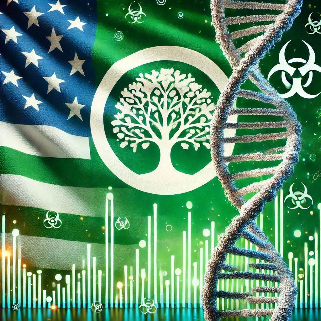dna in front of a flag with a white tree on green