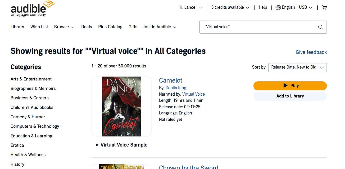 A screenshot of an Audible search page for "virtual voice" that shows over 50,000 search results with "Camelot" by Danila King" as the top return when ordered by release date (new to old).