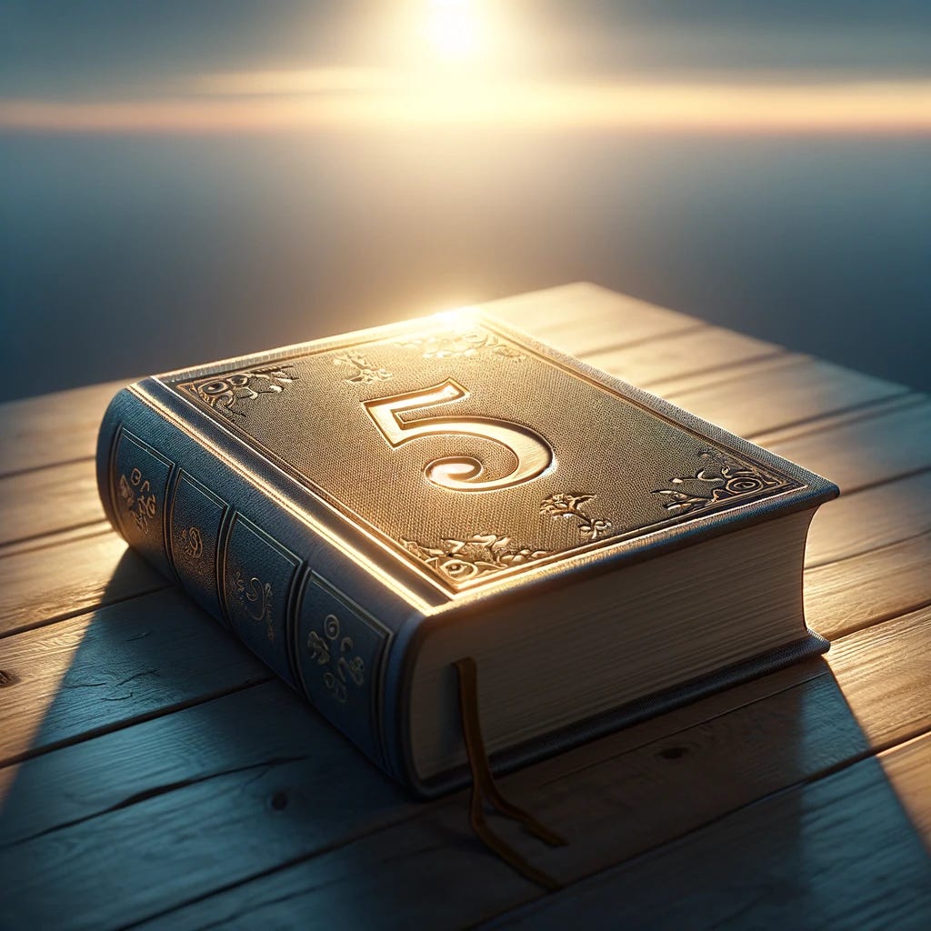 A realistic depiction of a closed book lying on a table, positioned at an angle. The setting is twilight, with a subtle and serene atmosphere created by the fading sunlight. The book's cover is adorned with the number "5". The image should have a photorealistic quality, capturing the fine details of the book and its surroundings, with a focus on natural lighting and realistic textures, differing from the overtly artistic style of an oil painting.