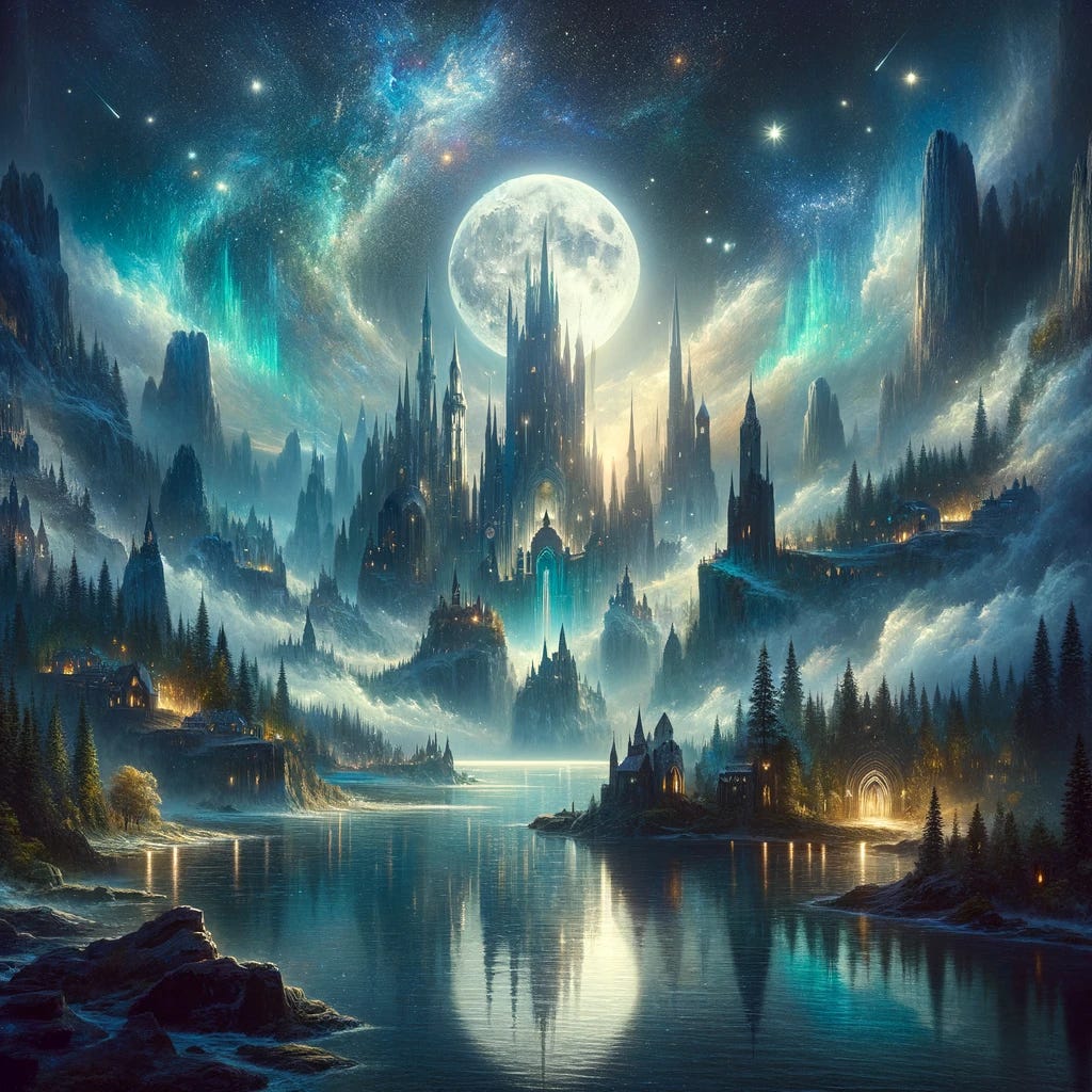 Create a single enigmatic and captivating image that embodies the mystical realm of Mirrormere, ensuring that the night sky features only one moon. The image should capture the essence of a land filled with beauty, mystery, and ancient magic. Include elements like ethereal mists, shimmering lakes, ancient ruins, monolithic castles, and a vibrant night sky with a single radiant moon. The atmosphere should be mystical and inviting, yet tinged with an air of hidden dangers and deep secrets. The image should evoke a sense of wonder and the allure of exploration in a fantasy world. The color palette should be rich and enchanting, with hues of blues, greens, silvers, and starlight.