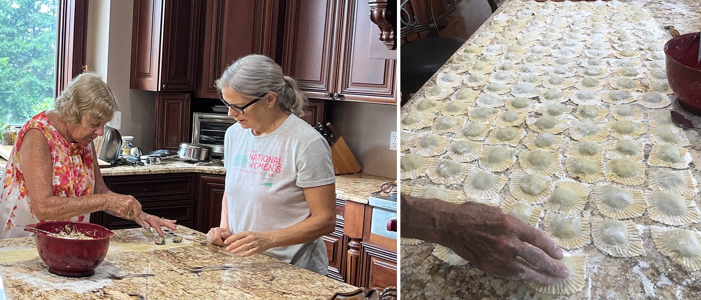 Two photos: on left, two women work at a counter making ravioli; on right: neat rows of ravioli