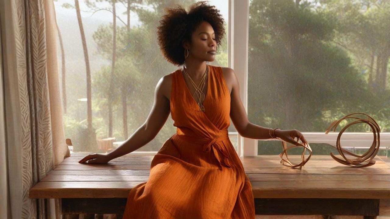 digital painting of a Black woman in her 30s with natural coiled hair wearing a burnt-orange linen dress seated at a weathered pine table beside a rain-streaked window. Sunlight filters through, casting geometric shadows across her closed eyes and clasped hands adorned with copper bangles. Faint luminescent cursive syllables hover midair near her upturned palms. Style: hyperrealistic textures with warm sepia and teal tones, soft focus on the blurred urban landscape beyond the window.