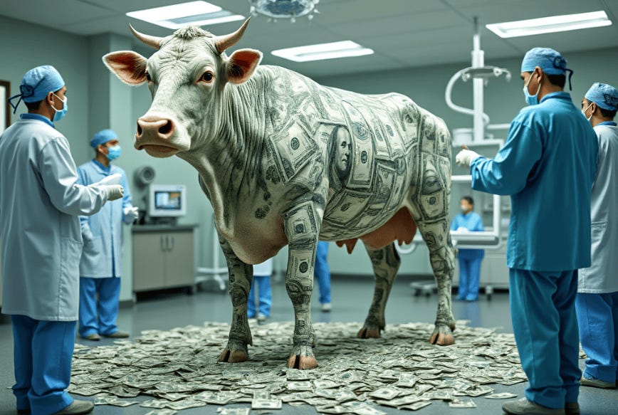 A cow covered in money

Description automatically generated