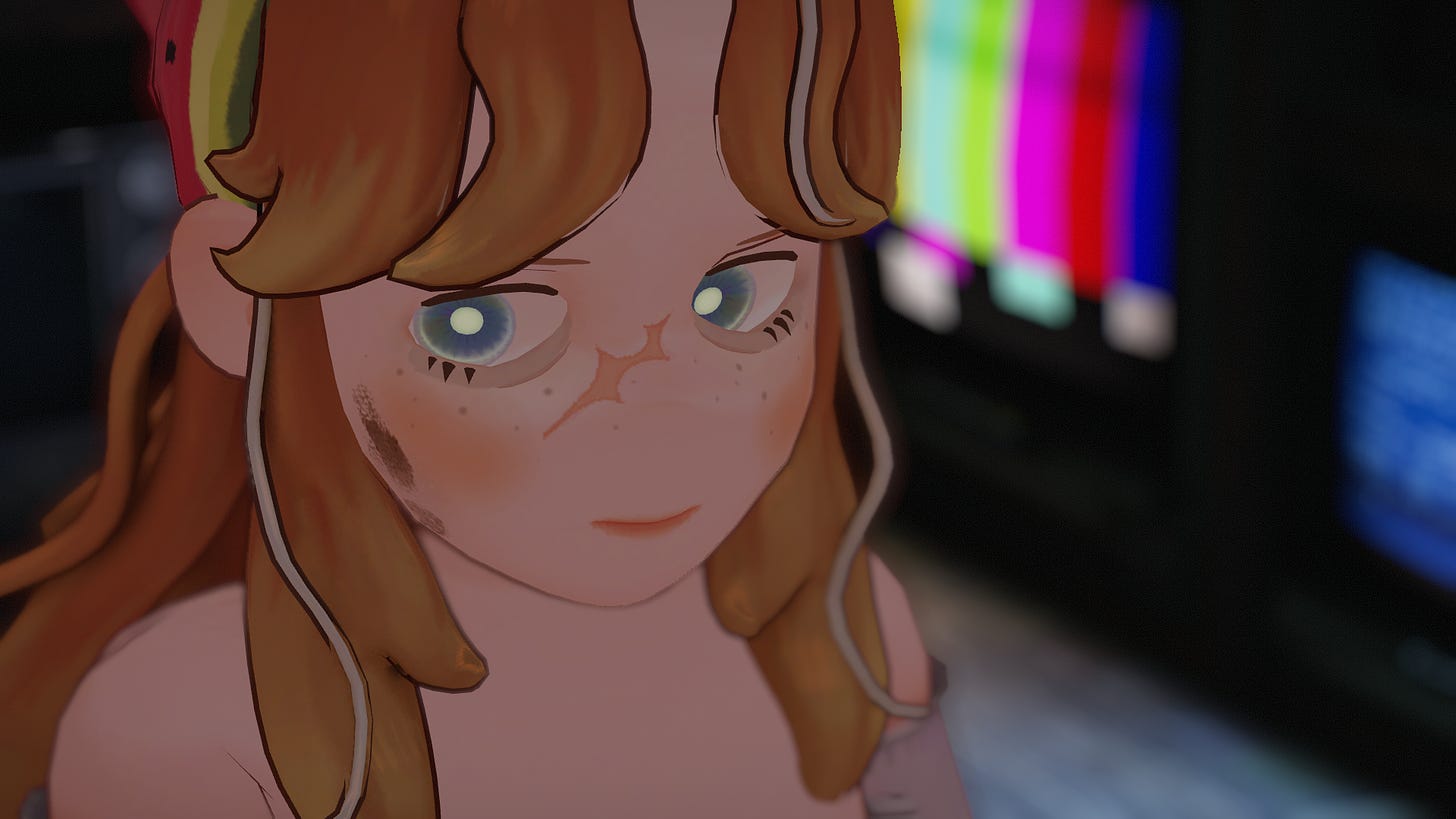 A close-up shot of Bonito, with retro televisions in the background. Bonito has a scar on her face, and blue eyes.