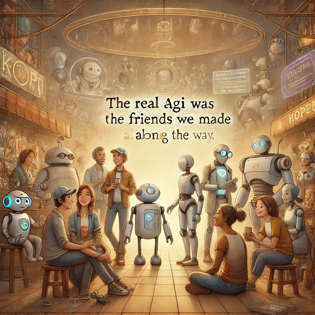 An imaginative, heartwarming illustration depicting a group of diverse, friendly robots and humans gathered together, symbolizing unity and companionship. The scene is set in a futuristic but welcoming environment, with soft, warm colors and gentle lighting. Each character, human and robot alike, displays unique traits and personalities, engaging in conversations, sharing ideas, and working together on creative projects. The background hints at advanced technology with subtle holograms and futuristic architecture, but the focus remains on the connection and camaraderie among the group. Above them, in whimsical, handwritten text, the phrase 'The real AGI was the friends we made along the way' is displayed, emphasizing the value of friendship and collaboration over technology.