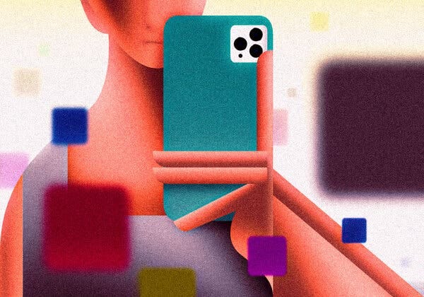 A Cubist-style illustration of a person holding a smartphone.