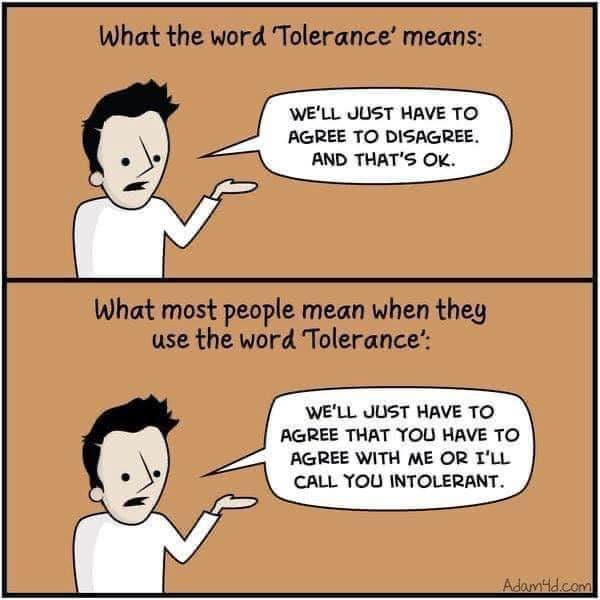 May be a doodle of text that says 'What the word Tolerance' means: WE'LL JUST HAVE το AGREE το DISAGREE AND THAT'S ΟΚ. What most people mean when they use the word Tolerance': WE'LL JUST HAVE To AGREE THAT YOU HAVE το AGREE WITH ME OR I'LL CALL YOU INTOLERANT. Adamid.com'