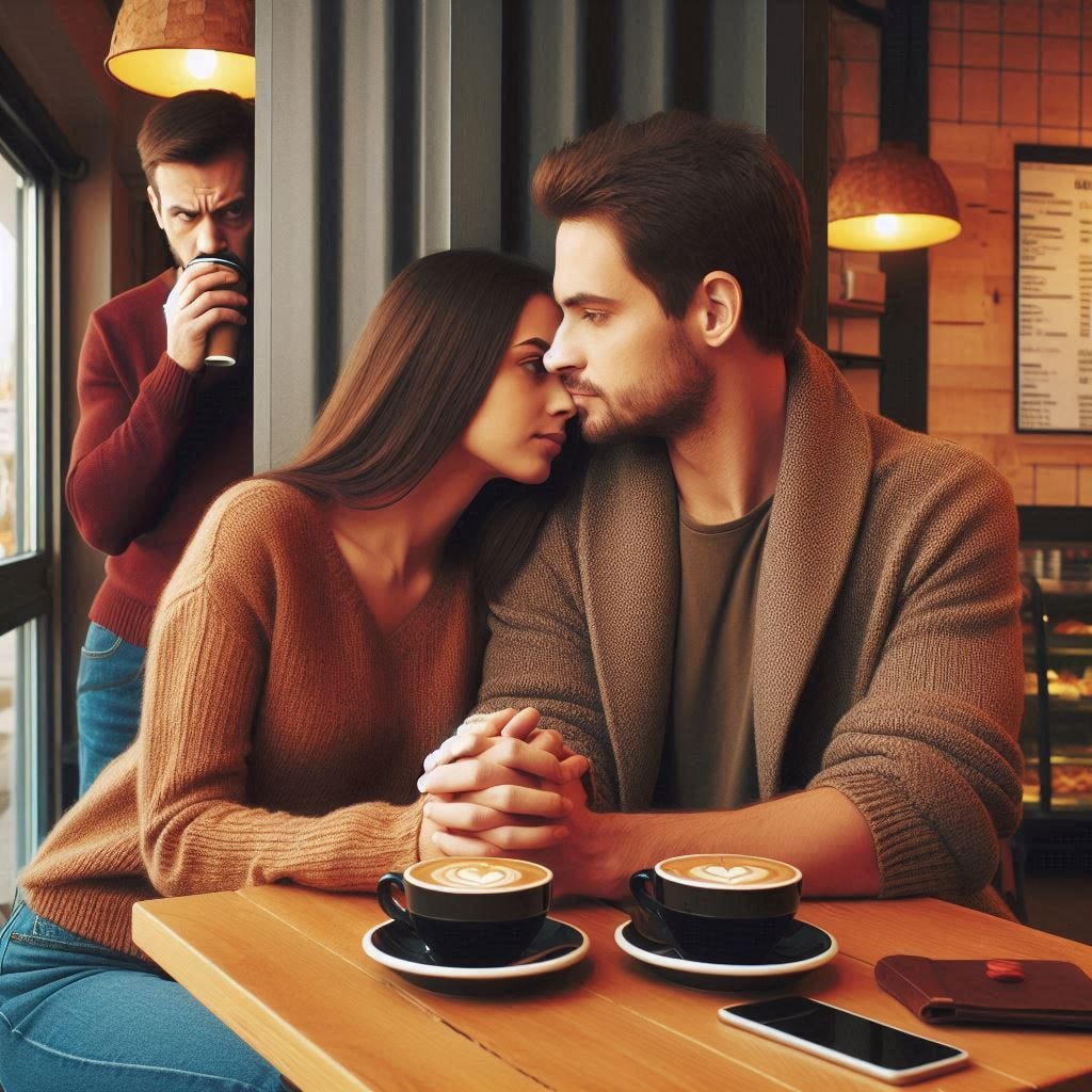 A couple discretely holding hands a coffee shop, a resentful looking man peaking around a pillar in the far distance spying on them