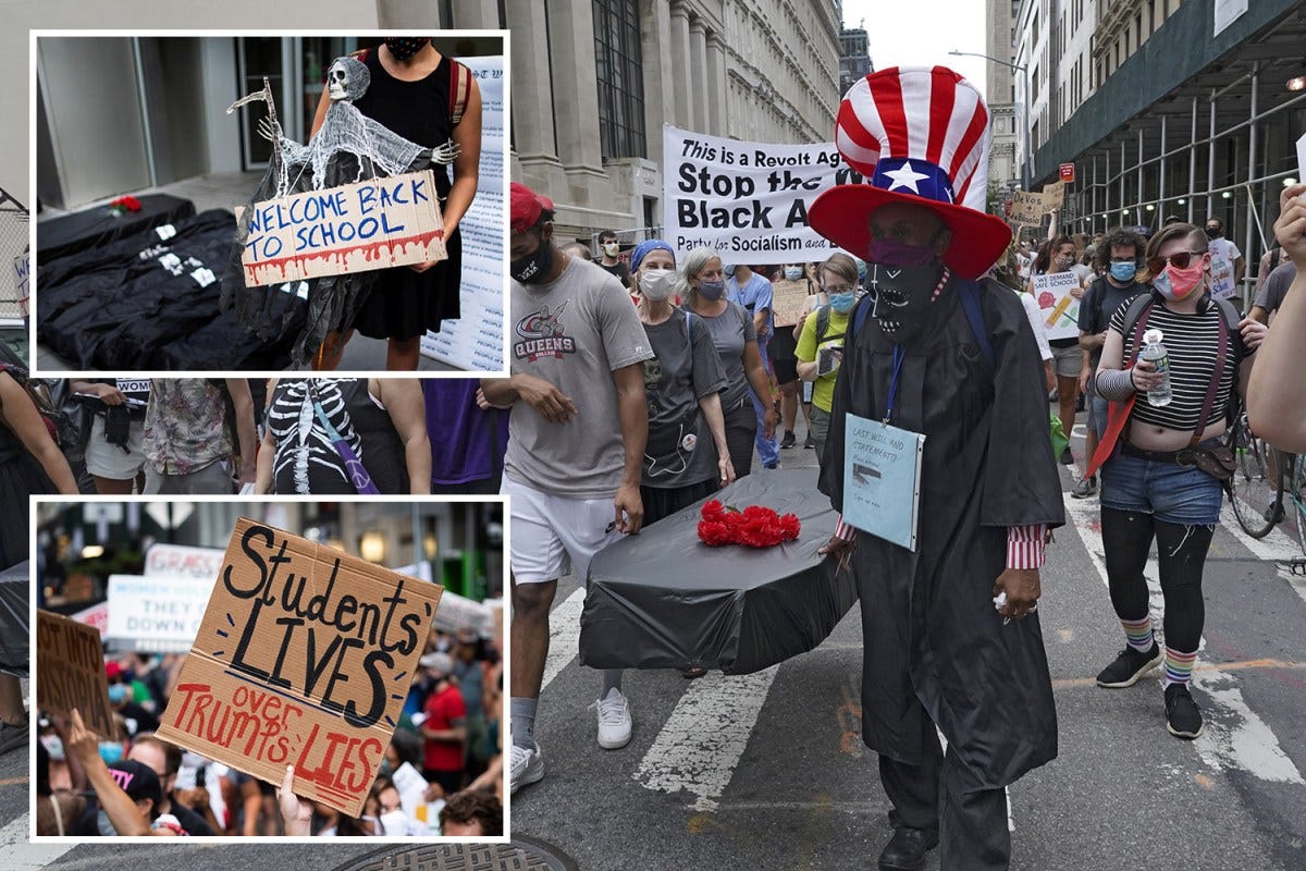 Teachers protest school reopenings by carrying COFFINS and guillotines ...