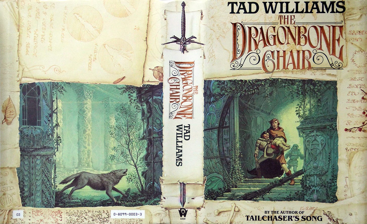 Wraparound dust jacket for the hardcover edition of THE DRAGONBONE CHAIR by Tad Williams, published by DAW Books