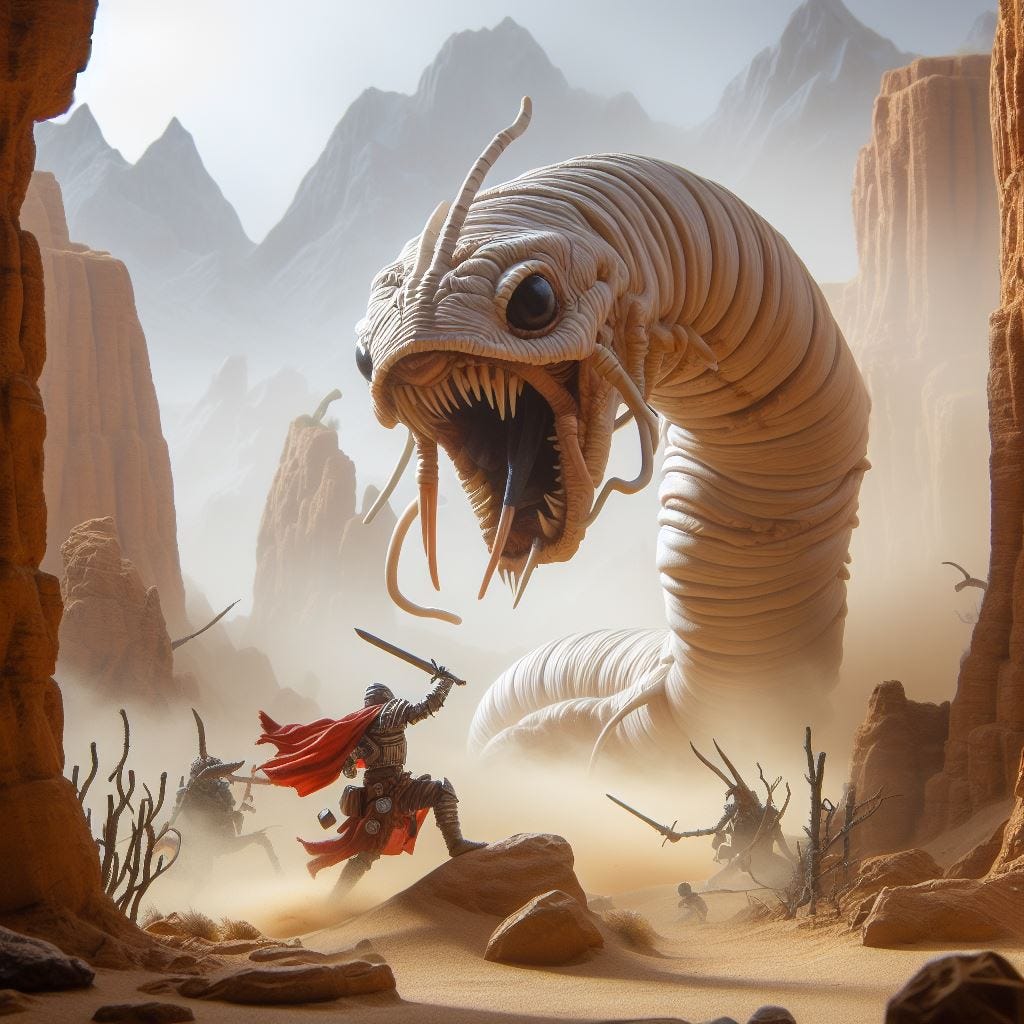 A D&D white rock desert guard fighting a giant worm