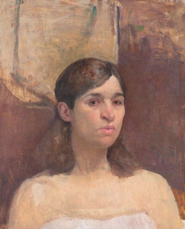 The head and bare shoulders of a woman with long parted brown hair with a three-quarter view of her face. Her gaze is turned to meet the viewer (painter). The head and bare shoulders of a woman with long parted brown hair with a three-quarter view of her face. Her gaze is turned to meet the viewer (painter).