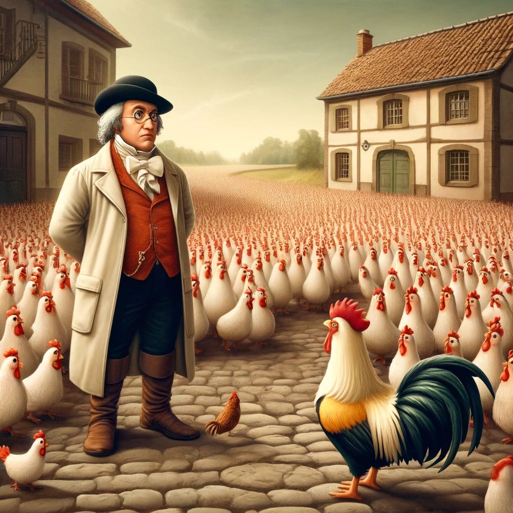 A whimsical and educational illustration based on Amadeo Avogadro's concept of moles, set around 1830 in a lighthearted scientific context. The scene depicts Avogadro in typical 1830s scientist attire, observing a single chicken on a rustic cobblestone road and looking perplexed. He's surrounded by a massive crowd of chickens, visually representing a mole (6.02 x 10^23 chickens), to humorously illustrate his point about the insignificance of one chicken compared to a mole. The setting features 1830s architecture and attire, blending historical and scientific elements playfully.
