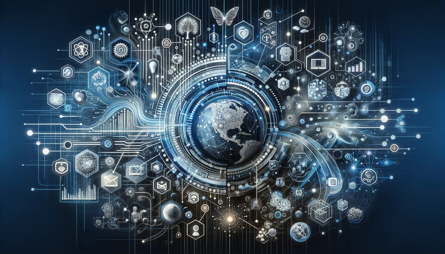 An abstract and modern digital artwork representing the transformative power of artificial intelligence (AI) in society. The image should depict various elements symbolizing different industries such as finance, healthcare, agriculture, and entertainment, interconnected by digital and futuristic motifs. The artwork should convey the idea of AI seamlessly integrating into and revolutionizing these sectors, illustrating concepts like digital networks, data analysis, machine learning, and smart technology. The overall tone should be futuristic, dynamic, and thought-provoking, visually capturing the essence of AI as a driving force in modern civilization.