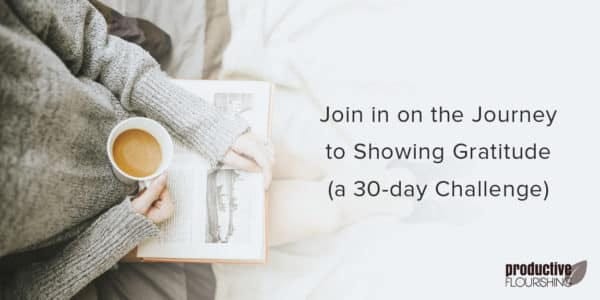 Woman in a gray sweater drinking coffee and reading a book. Text overlay: Join in on the Journey to Showing Gratitude (a 30-day Challenge)