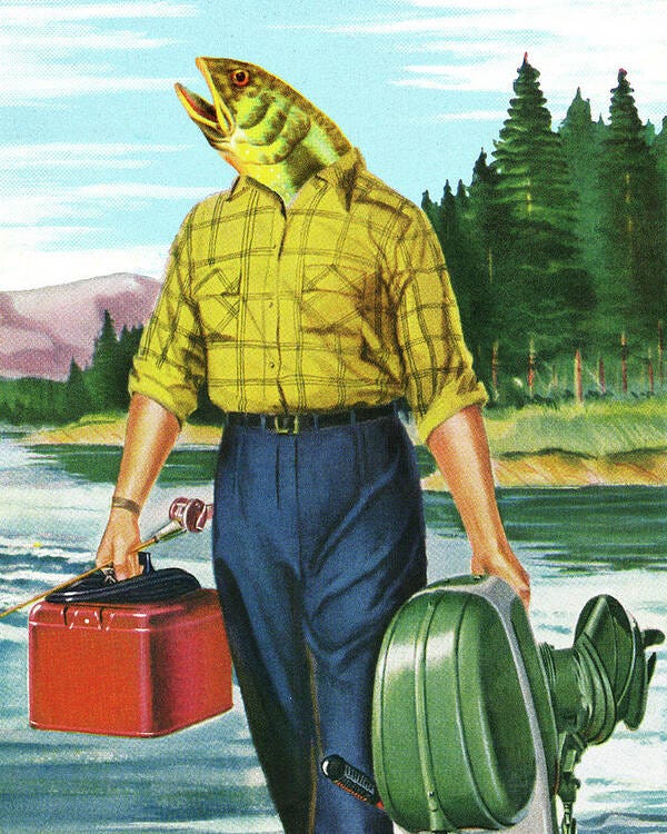 Activity Art Print featuring the drawing Man with Fish Head Carrying Motor and Gas Can by CSA Images