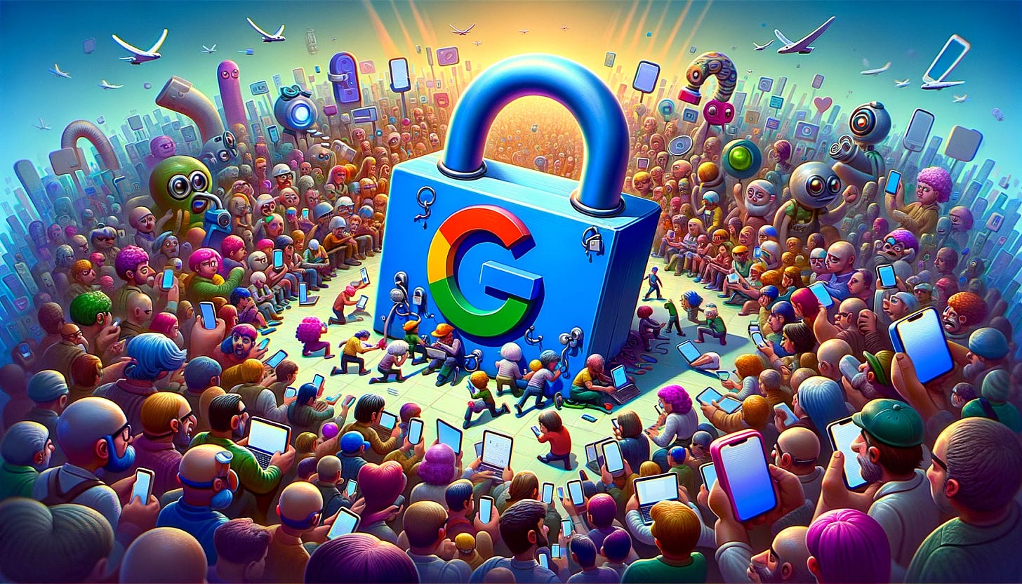 A whimsical, cartoon-style depiction of a large padlock adorned with the Google logo, surrounded by a bustling crowd of characters attempting to access it. These characters, exaggerated in cartoon form, use a plethora of gadgets such as oversized smartphones, comically large laptops, and vibrant tablets, each showcasing exaggerated expressions of concentration and curiosity. The background is a stylized, digital landscape, reminiscent of a cyberspace environment but rendered in a more playful, cartoonish manner. The scene is laid out in a wide, horizontal composition to capture the dynamic interaction between the characters and the padlock.