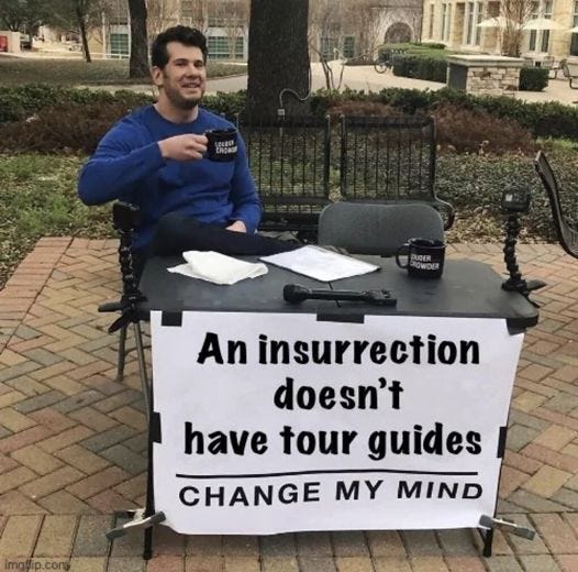May be an image of 1 person, outdoors and text that says 'An insurrection doesn't have tour guides CHANGE MY MIND'