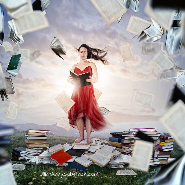 An AI generated image of a white woman with long brown hair wearing a red dress. She is standing on top of a stack of books, while reading a book, with more books swirling around her in the air and on the ground.