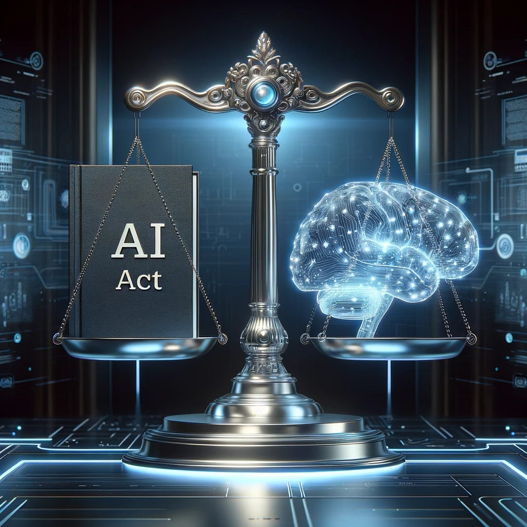 Symbolbild mit einer Waage, auf der der AI Act und ein künstliches Gehirn gegeneinander abgewogen werden.