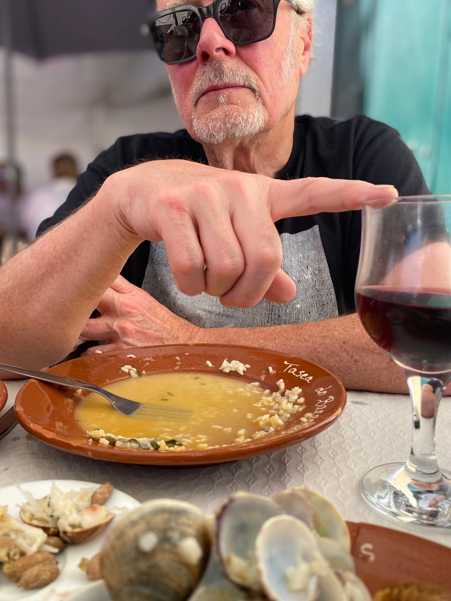Simon Campbell - lunch with a nice glass of red wine in Alcacer, Portugal