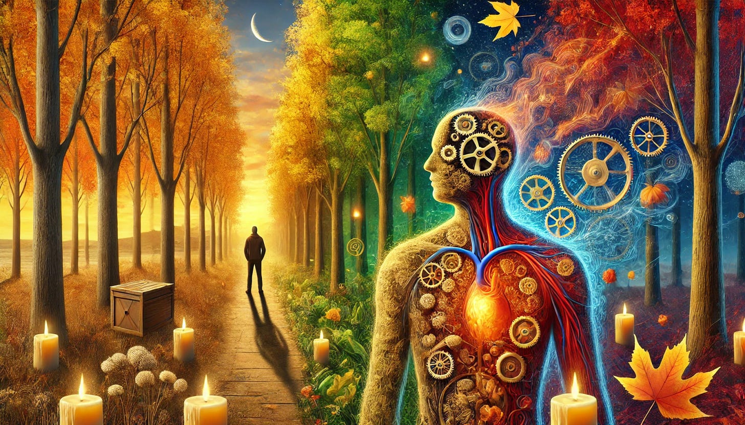 A surreal autumn scene: A person stands in a forest with trees bursting into vibrant fall colors. Half of the person's body is transparent, revealing a complex inner world with gears, clocks, and swirling emotions. Soft candle lights float around them, some lit and others unlit. In the background, a path leads from a cluttered, harshly lit room towards a serene, aesthetically pleasing space with warm, gentle lighting. The sky above transitions from summer blue to autumn gold.