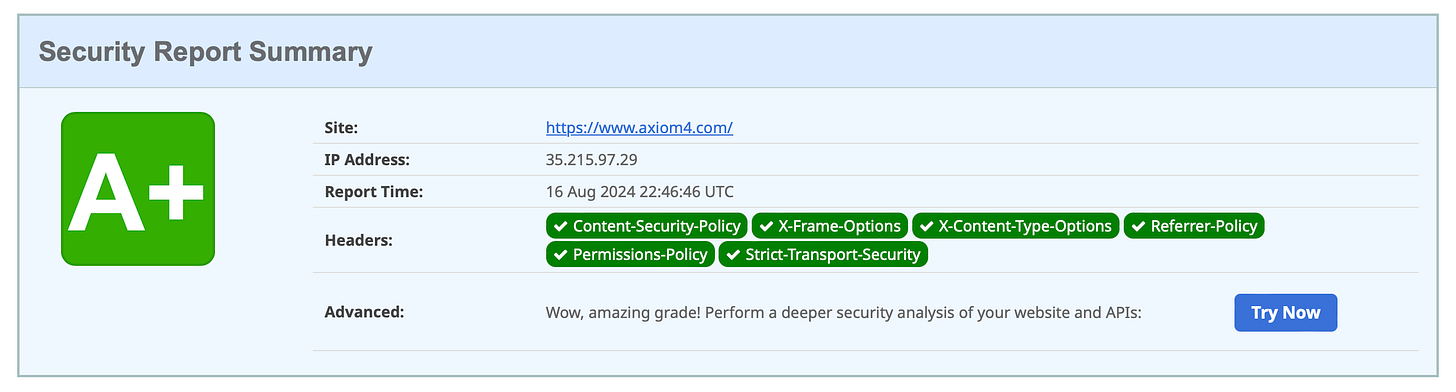 A rectangular image in landscape orientation with a title Security Report Summary. On the left is a green box with rounded corners and an A+ in plain san serif typeface. Also in text is the URL of the Axiom website, the IP address that was scanned, and a set of security headers in white text on green backgrounds, and the message:  Wow, amazing grade!