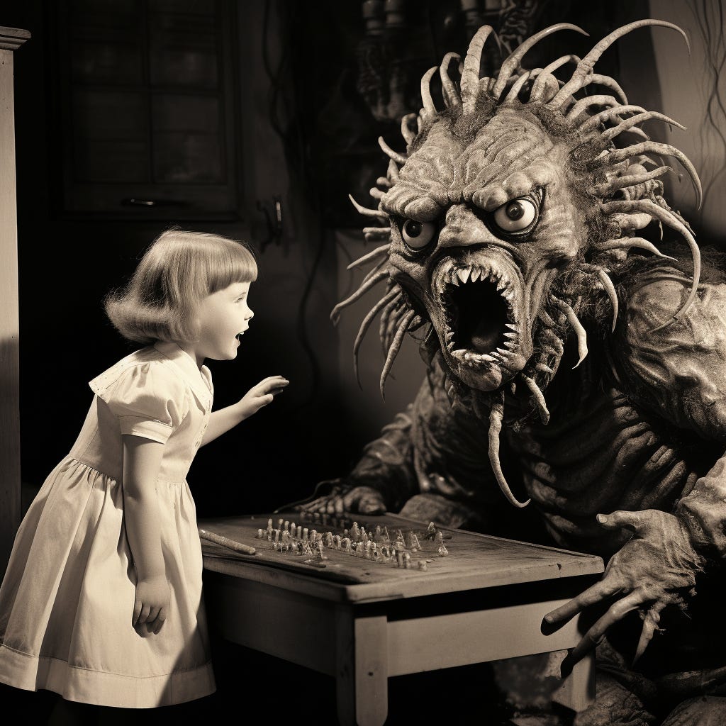 A little girl plays an alien board game with her pet monster, who has a coronet of fleshy claws surrounding his face and a mouth full of teeth