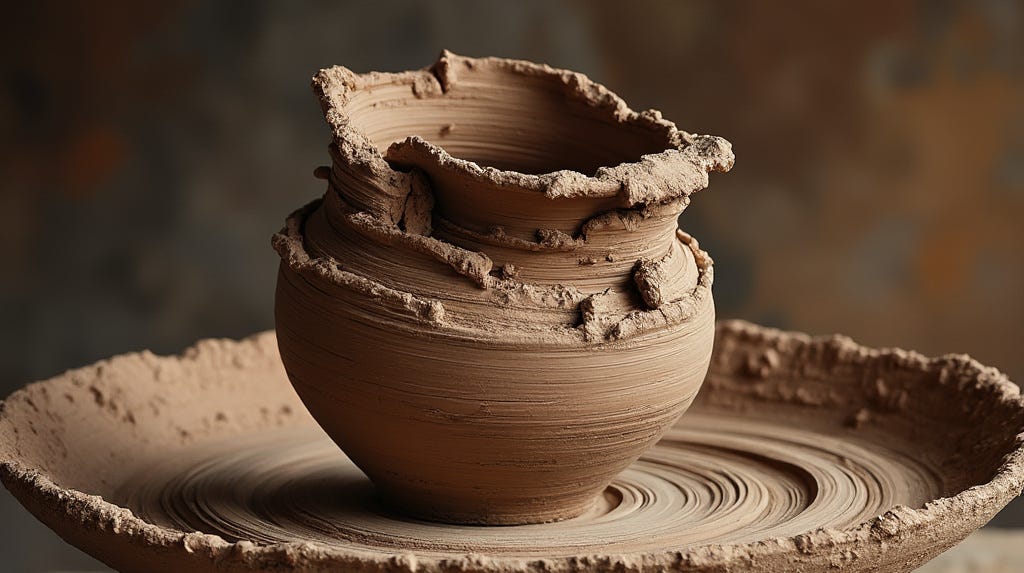 The image shows a partially completed clay pot on a pottery wheel. The pot has an uneven, rough, and slightly collapsed structure, with the edges curling and folding in on themselves. The wheel beneath is still covered in wet clay, and the spinning motion has created circular patterns on both the wheel and the base of the pot. The texture of the clay is visibly moist, and the overall scene suggests an in-progress, possibly accidental deformation during the shaping process. The background is blurred, emphasizing the focus on the pottery and its imperfections.