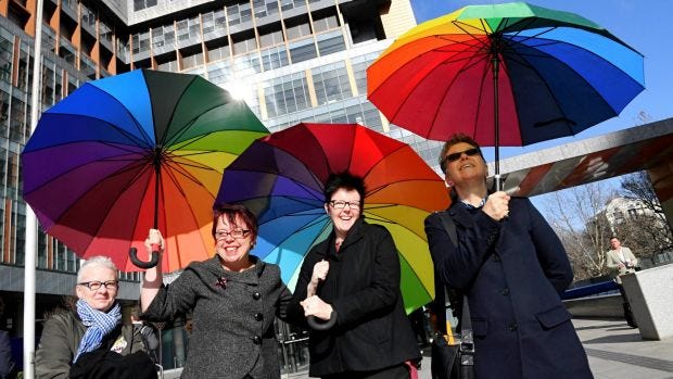 Lee Gibbens, Sarah Marlowe, Felicity Marlowe and Jacqui Tomlins support the challenge to the same-sex marriage postal vote.