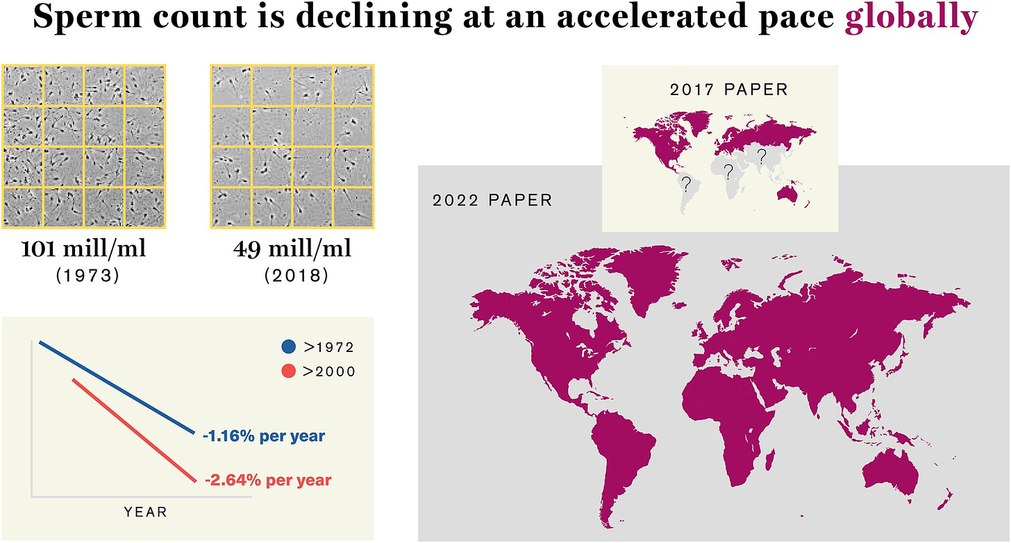 Sperm count is declining at an accelerated pace globally.