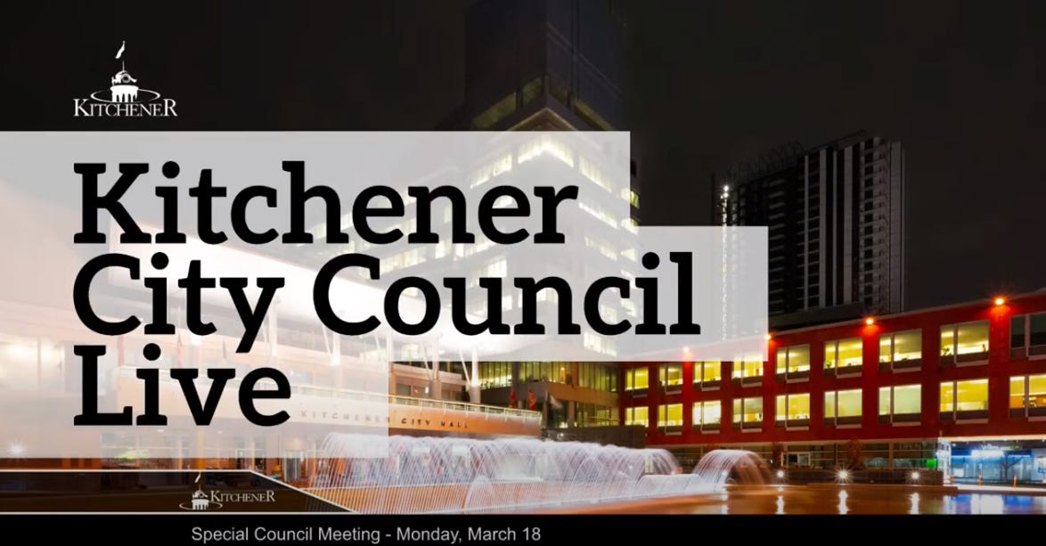 Screenshot of the Kitchener City Council Live meeting - city hall and its fountain can be seen in the background.