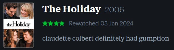 screenshot of LetterBoxd review of The Holiday, watched January 3, 2024: claudette colbert definitely had gumption