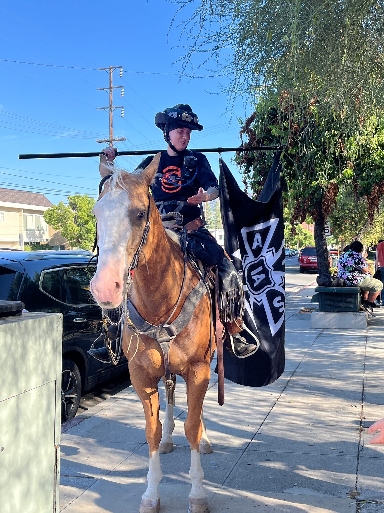 IATSE member on a horse with a Guild flag.