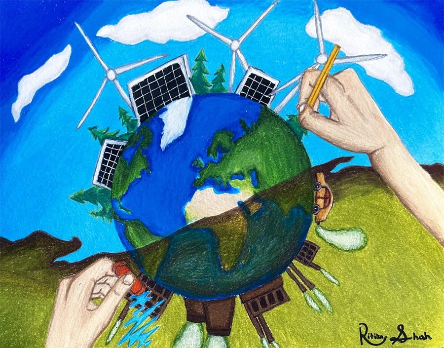 Drawing of a pair of hands "redrawing" the planet. One side, in greentoxic goo, has polluting cars and factories being erased by the left hand. The other side of the globe is in clear blue skies, as the right hand draws trees, solar panels, and wind turbines.