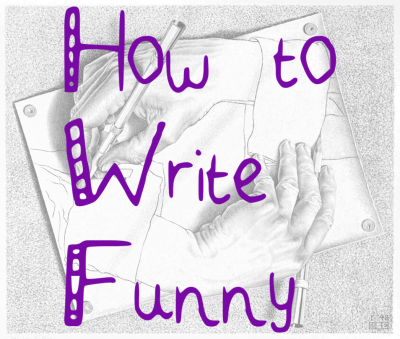 background of two hands writing with words how to write funny on top