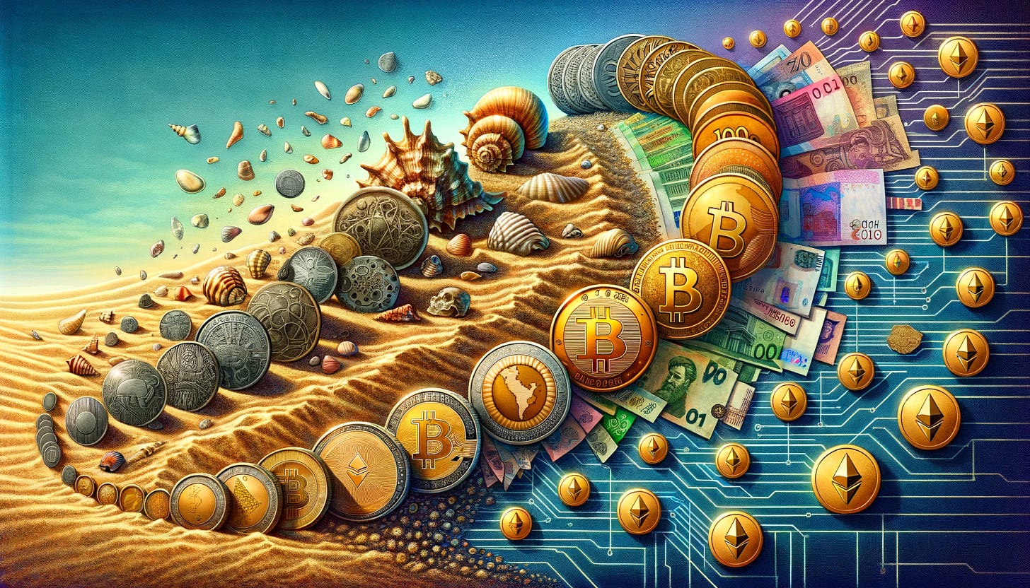 An illustrative depiction titled 'The Evolution of Money'. The image is divided into four distinct sections, flowing from left to right, each representing a different era in the history of money. The first section on the left displays a collection of various seashells on a sandy background, symbolizing ancient barter systems. Moving right, the second section shows an assortment of metal coins from different cultures and times, with intricate designs, piled together. The third section features an array of colorful banknotes from various countries, spread out to showcase their designs. The final section on the right depicts symbols of cryptocurrency, like the Bitcoin and Ethereum logos, against a digital, circuit-like background.