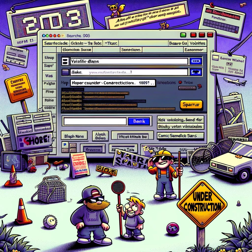 A humorous and nostalgic depiction of a 2003 website. The scene includes a cluttered webpage filled with elements like blinking text, animated GIFs, and a visitor counter styled in funky fonts. The background features the infamous Comic Sans font used in text blocks. In one corner, a small 'Under Construction' GIF shows a cartoonish worker digging. The site has a search bar that is comically oversized and ineffective. Pop-up windows are scattered around, adding to the chaotic look. A frame layout is visible with mismatched content. The overall style is exaggerated to highlight the outdated and chaotic design of early 2000s websites.