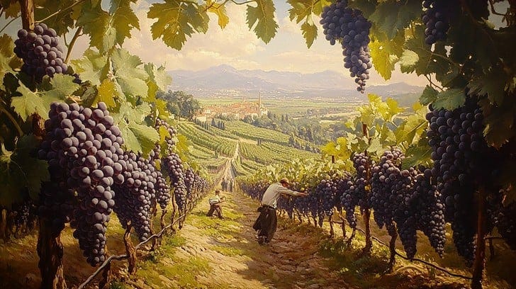 In the warmth of a sunlit vineyard, a worker is engrossed in the task of harvesting grapes, surrounded by rows of heavily laden grapevines. The landscape stretches back to a picturesque mountain range, showcasing the beauty and tranquility of rural farming. This carefully tended vineyard not only produces quality grapes but also serves as a testament to the dedication and hard work of those who cultivate these fertile lands.
