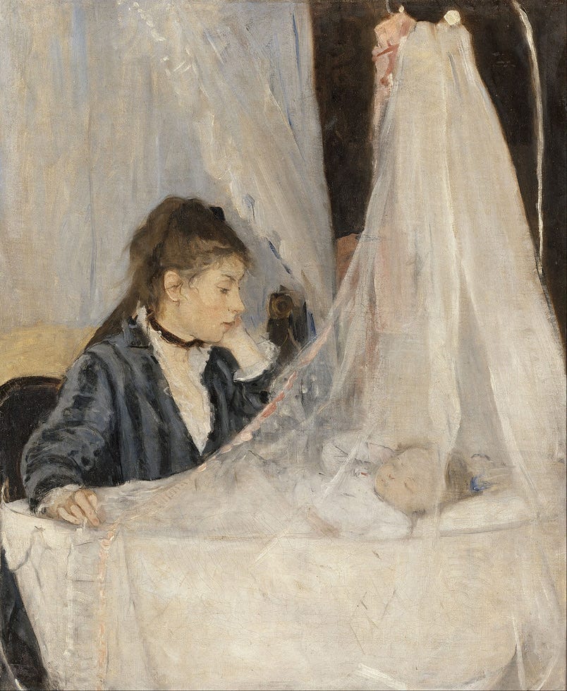 Berthe Morisot, The Cradle 1872 - The painting depicts one of the artist's sisters, Edma, watching over her sleeping daughter, Blanche. Blanche is sleeping peacefully in a white cradle with a sheer white curtain hanging over the cradle. Edma is resting her head on her left hand and gazing down at Blanche.