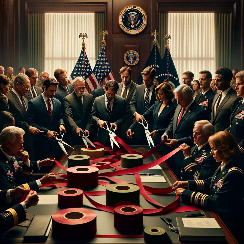 A group of Congressmen and Congresswomen thoughtfully cutting red tape for the military. The scene is set in a formal room with American flags and official seals in the background. The Congressmen and Congresswomen, dressed in suits, are holding large scissors, and there are rolls of red tape being cut. Military personnel in uniform stand by, watching with appreciation. The mood is serious and focused, emphasizing the importance of the action. The room has an air of authority with wood-paneled walls and a large table where they are gathered.