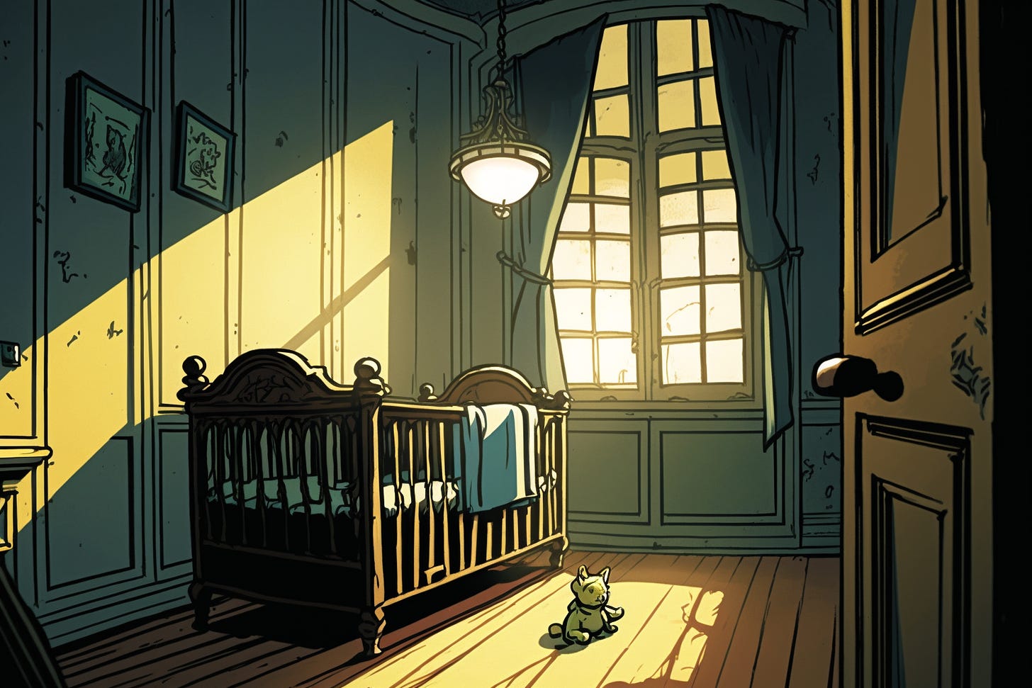 Graphic novel illustration of a crib inside an otherwise empty room