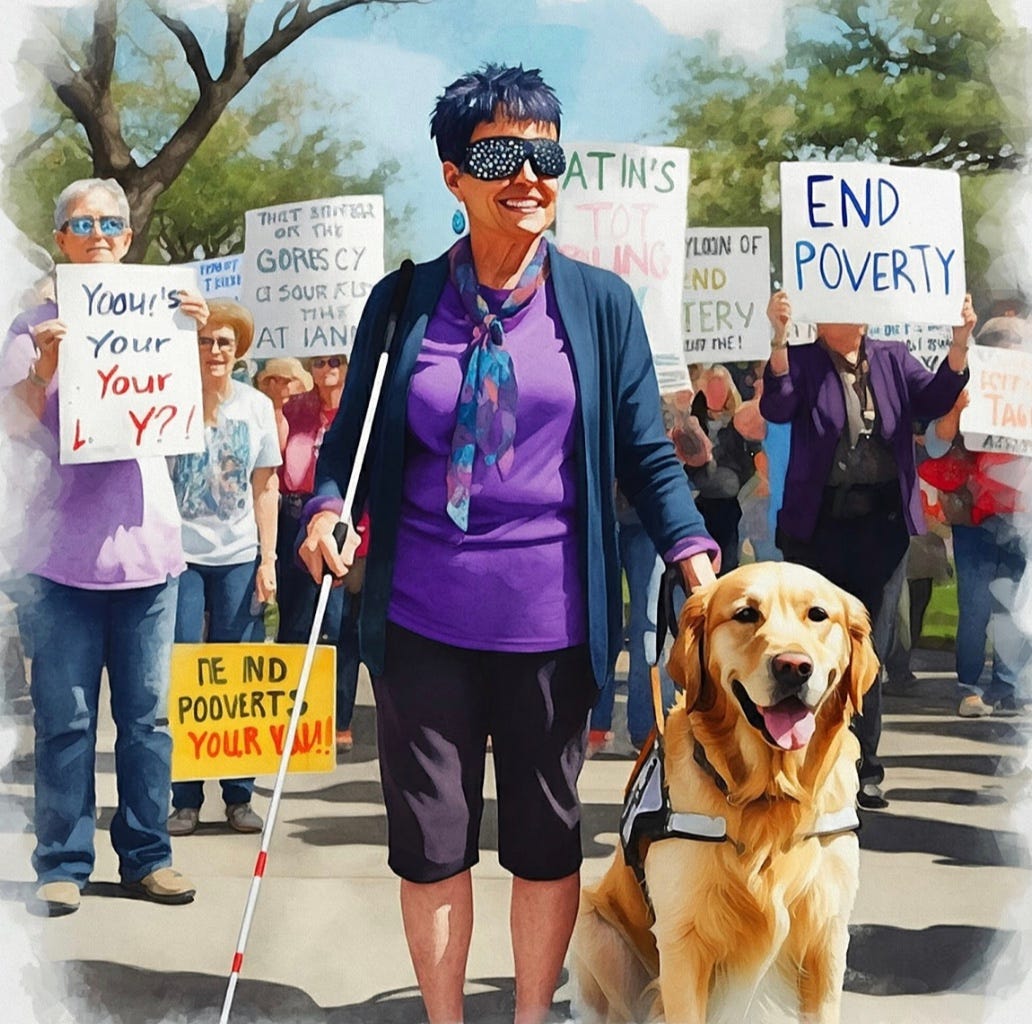 Image of blind woman with white cane at end poverty protest with guide dog