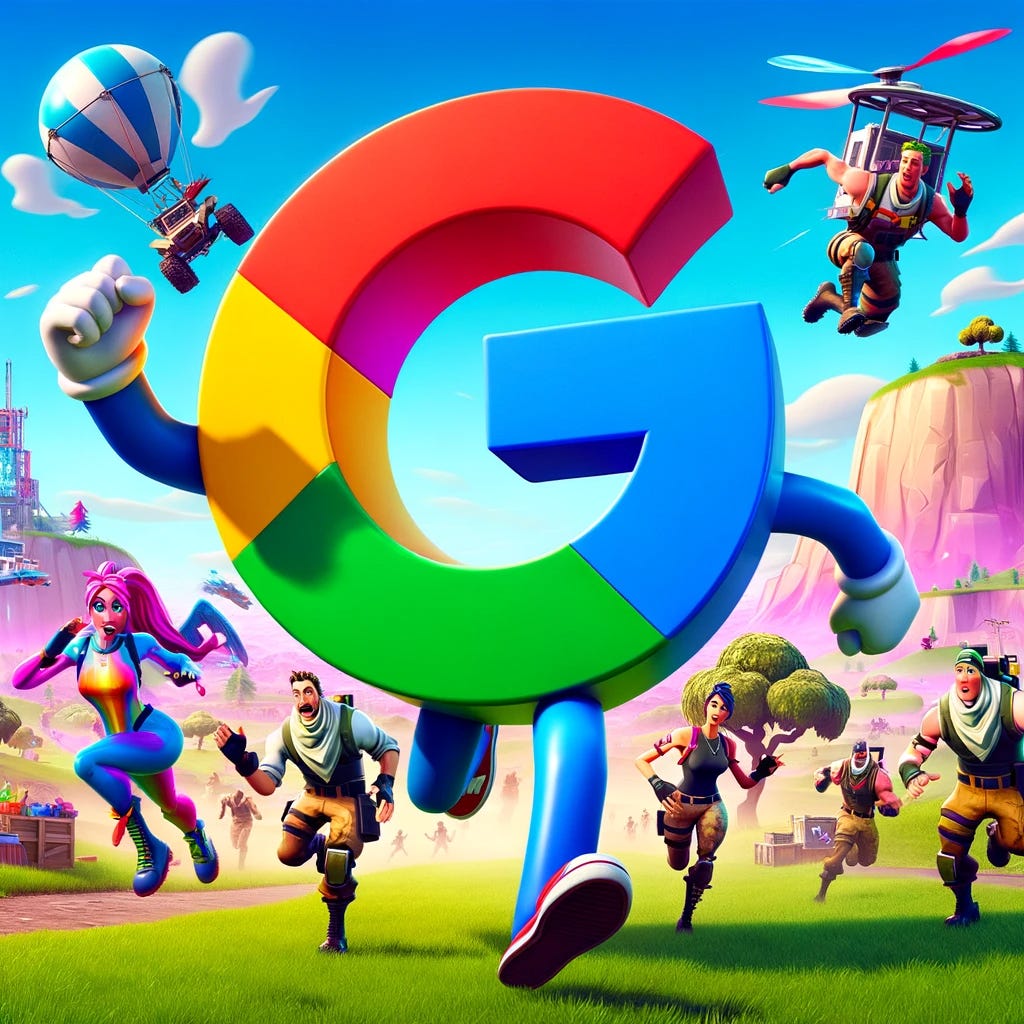 “a comical scene with a large, colorful Google logo being chased by characters in a Fortnite-style environment” / DALL-E