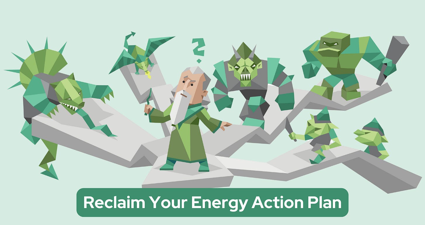 An INFJ man with an elaborate white beard wearing a green robe stands surrounded by various green monsters on a fragmented platform. The text "Reclaim Your Energy Action Plan" appears at the bottom.