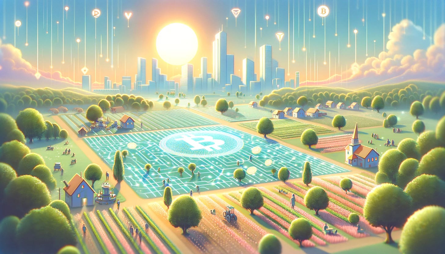 Create a light-colored, uplifting image that represents a community spotlight, overlooking a field of tokenization in a 16:9 format. The scene should depict a vibrant, digital landscape that symbolizes the integration of blockchain technology into community life. Visualize this through a futuristic cityscape or countryside, where fields are metaphorically divided into digital plots representing tokenization. Use soft, pastel colors to convey a positive, welcoming atmosphere. Elements such as digital trees, crops symbolizing various cryptocurrencies, and people interacting harmoniously with technology should be included. The sky should be bright, perhaps with a sunrise or sunset, to emphasize the theme of hope and innovation. The overall composition should feel serene, emphasizing collaboration and the potential of blockchain technology to enhance community living.