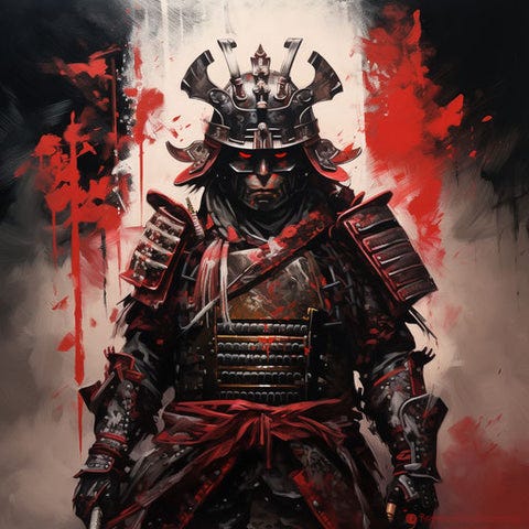 Samurai tattoo about an angry chief samurait with armor and weapons.