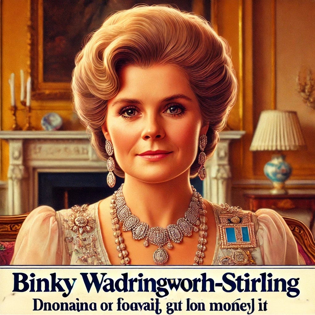 A color portrait of Binky Wadsworth Harrington-Stirling, a large woman of about 58 years old, who comes from royalty and old money. She is handsome but not traditionally beautiful, and is dressed in formal attire appropriate for a dinner, with jewelry fitting her status. Her hair and makeup are styled as a royal would have done in the mid-1970s. The background suggests a luxurious setting, perhaps in a grand dining room or parlor, with an atmosphere that reflects her aristocratic lineage.